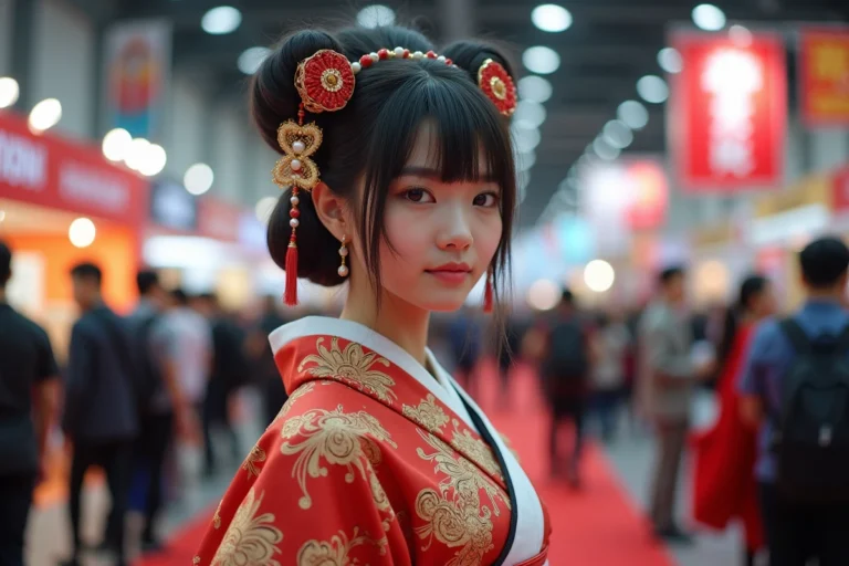 Jeune femme en cosplay kimono rouge et blanc élaboré à la Japan Expo, avec accessoires de coiffure japonais traditionnels et décor de convention animée en arrière-plan