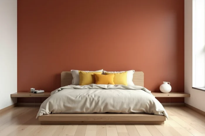 Chambre à coucher avec un pan de mur unique peint en terracotta saturé, contrastant avec les murs blancs et un lit bas en lin