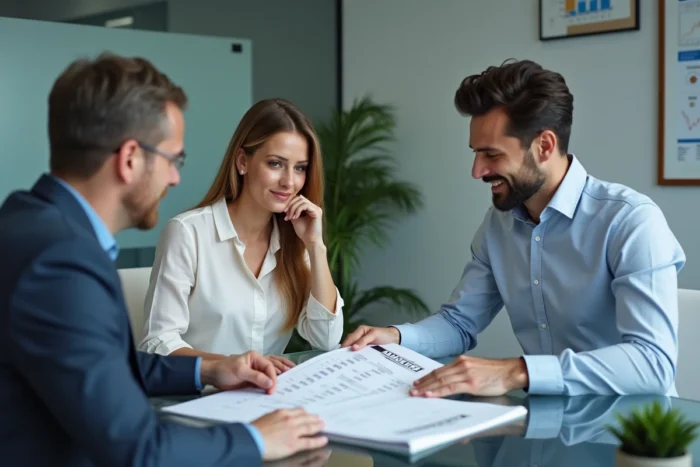 Couple en rendez-vous bancaire pour calculer les mensualités d'un prêt immobilier de 130 000 euros