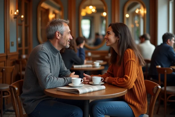 Couple discutant autour d'un café dans un bistrot parisien au décor vintage et chaleureux