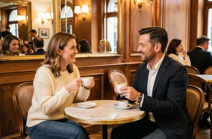 Couple en conversation intime dans une brasserie parisienne classique, illustrant la complicité et la discrétion du couple Sanzey