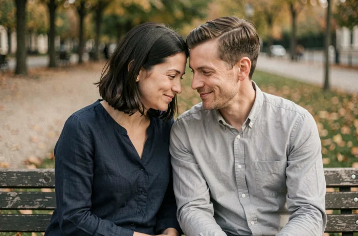 Couple discret assis sur un banc dans un parc parisien en automne, partageant un moment intime et complice