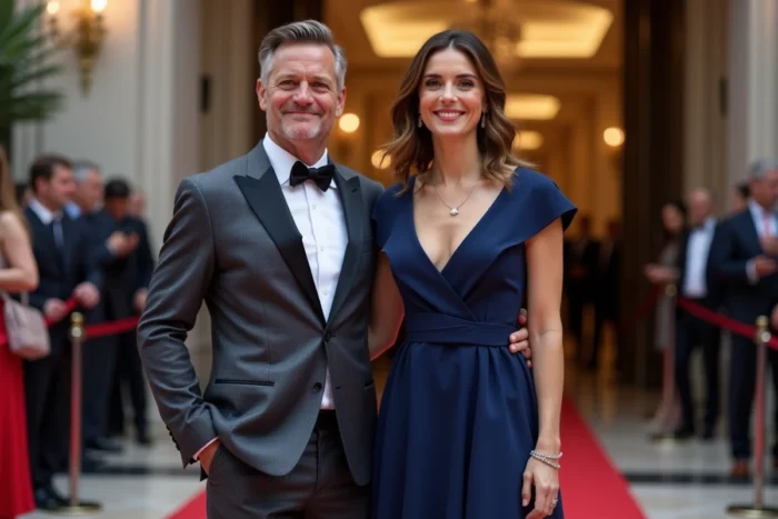 Couple souriant lors d'un événement médiatique parisien, soirée glamour sur tapis rouge