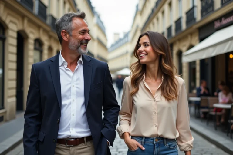 Couple élégant se promenant sur un trottoir parisien, sourires complices devant une façade haussmannienne