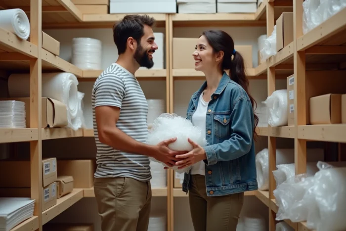 Couple trouvant du papier bulle gratuit dans un espace de partage communautaire avec étagères de matériaux recyclés