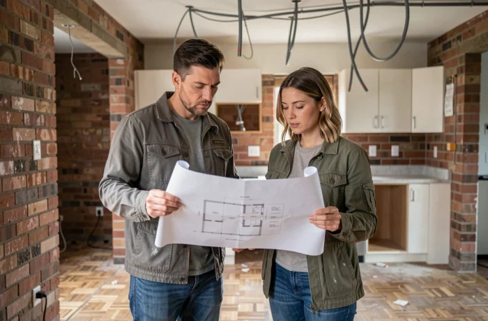 Couple étudiant les plans de rénovation dans une cuisine en chantier