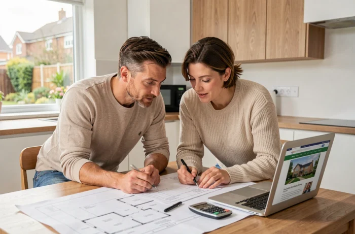 Couple étudiant des plans et documents immobiliers autour d'une table de cuisine moderne lors d'un projet d'achat immobilier