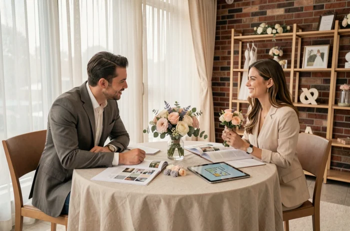 Couple rencontrant une wedding planner dans un showroom de mariage avec des échantillons de décoration et un plan de salle