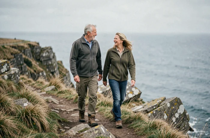 Couple de retraités marchant sur un sentier côtier, illustrant une vie senior active, épanouie et pleine de découvertes