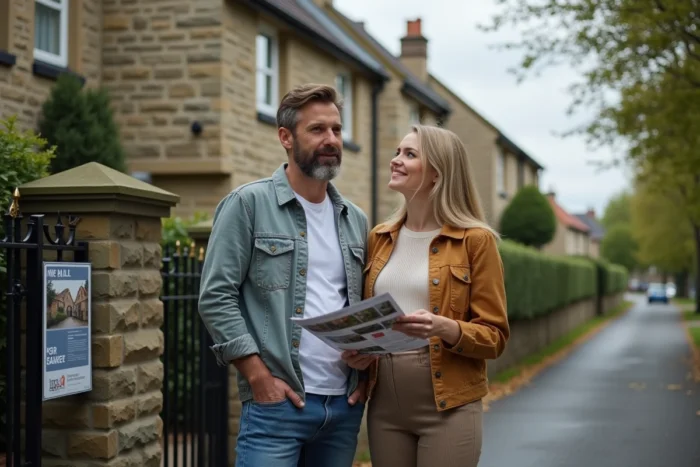 Couple visitant une maison en pierre à vendre dans un quartier résidentiel calme lors d'un investissement immobilier