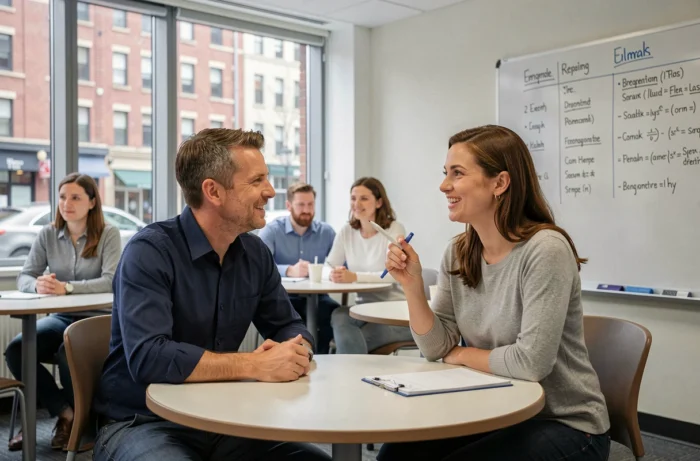Cours d'anglais en présentiel avec un professeur et des adultes dans une école de langues moderne