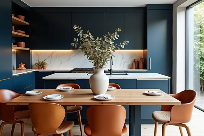 Cuisine ouverte moderne avec armoires bleu marine, îlot en marbre et chaises dépareillées autour d'une table en chêne pour une décoration intérieure originale