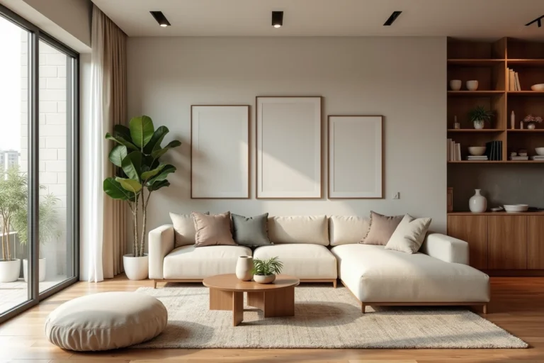 Vue grand angle d'un salon moderne et élégamment décoré, avec des textures naturelles, des plantes, des étagères et un canapé courbe pour illustrer une décoration intérieure inspirante