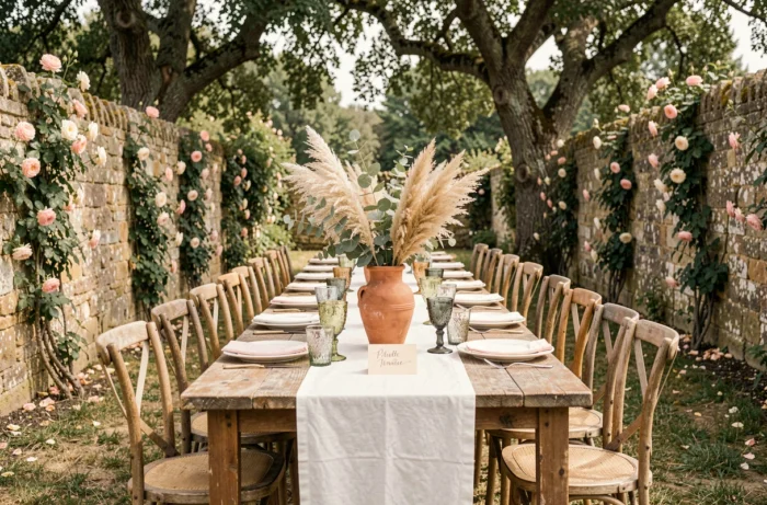 Table de réception de mariage en plein air décorée avec des vases en terre cuite, des herbes sèches et des verres vintage dans un jardin de campagne française