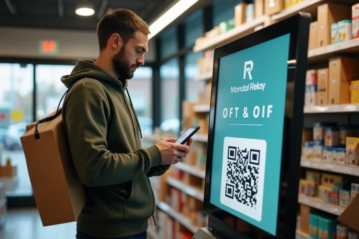 Homme déposant un colis Vinted dans un point Mondial Relay en magasin de proximité