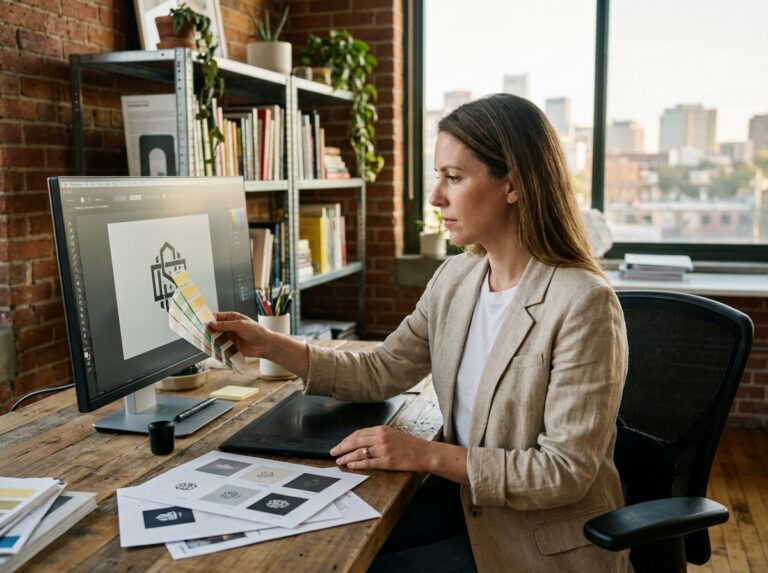 Designeuse graphique travaillant sur une identité visuelle avec tablette graphique et écran ultrawide dans un studio créatif moderne