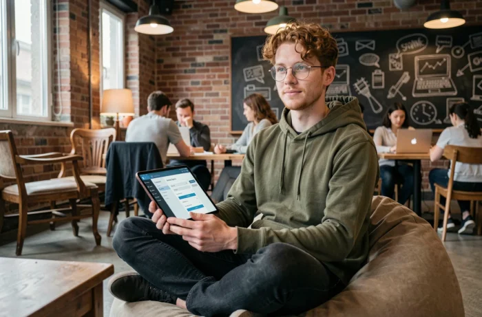 Jeune développeur freelance se formant en cybersécurité dans un espace de coworking, tendances informatique 2024