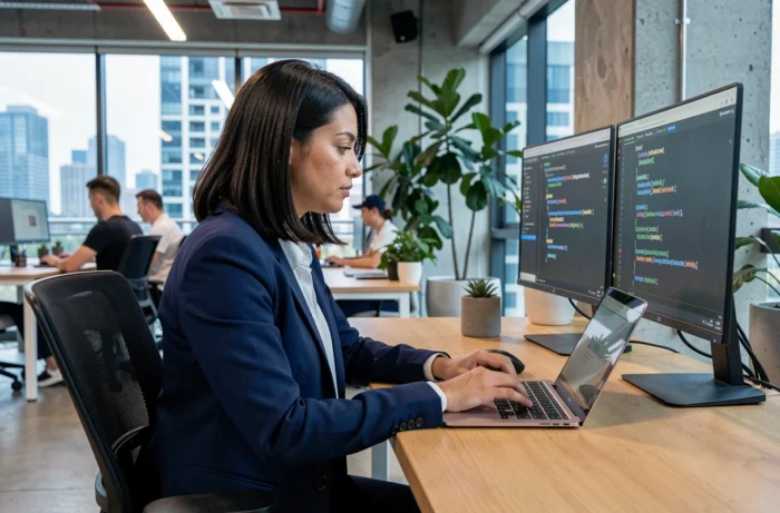 Développeuse informatique travaillant sur du code dans un bureau moderne en 2024, tendances du secteur tech