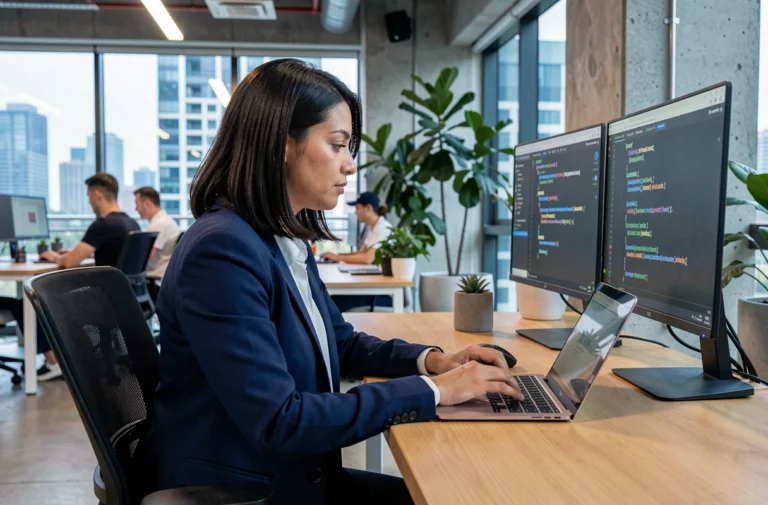 Développeuse informatique travaillant sur du code dans un bureau moderne en 2024, tendances du secteur tech