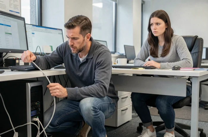 Un homme inspecte un câble ordinaire sous un bureau avec une expression exagérément technique et sérieuse pendant que sa collègue le regarde avec scepticisme, illustrant le diagnostic technique imaginaire