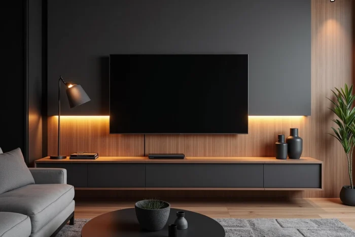 Meuble TV flottant avec éclairage indirect par bandeau LED ambré derrière le meuble dans un salon au style contemporain et épuré