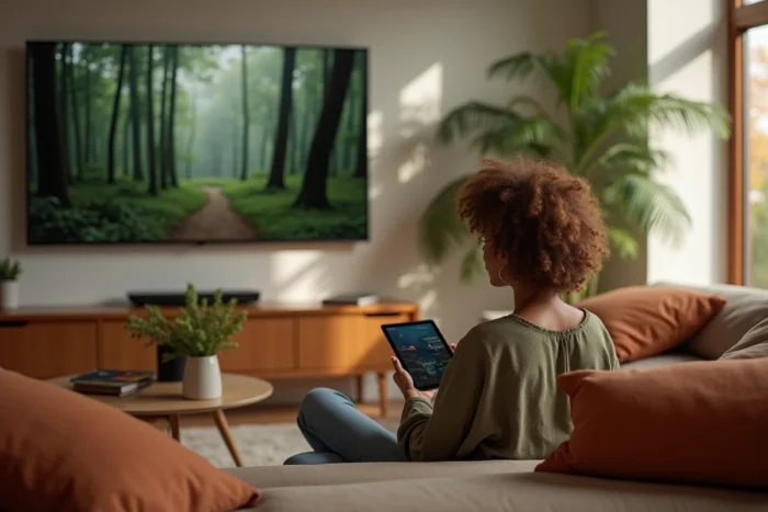 Femme regardant un écran 4K dans un salon contemporain et confortable