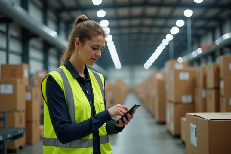 Employée de hub logistique Harnes scannant des colis sur un tapis roulant d'entrepôt de tri