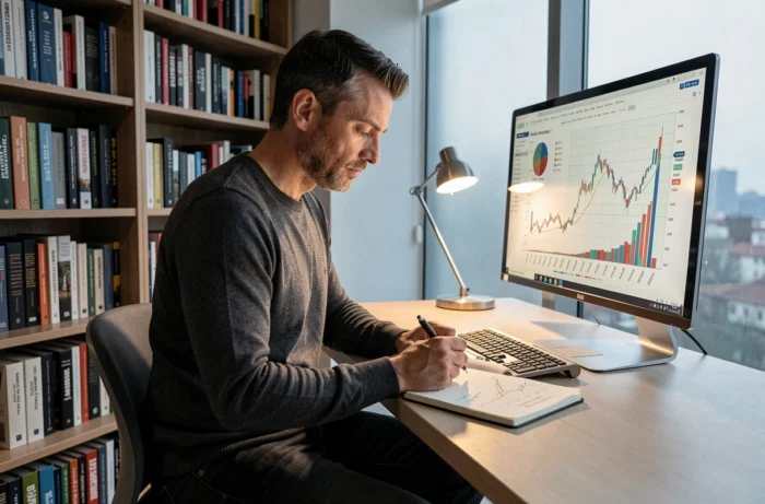 Entrepreneur masculin concentré analysant des données financières dans un bureau à domicile minimaliste