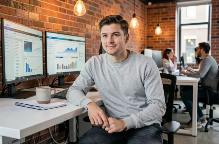 Jeune entrepreneur travaillant sur des tableaux de bord business dans un espace de coworking urbain au style industriel