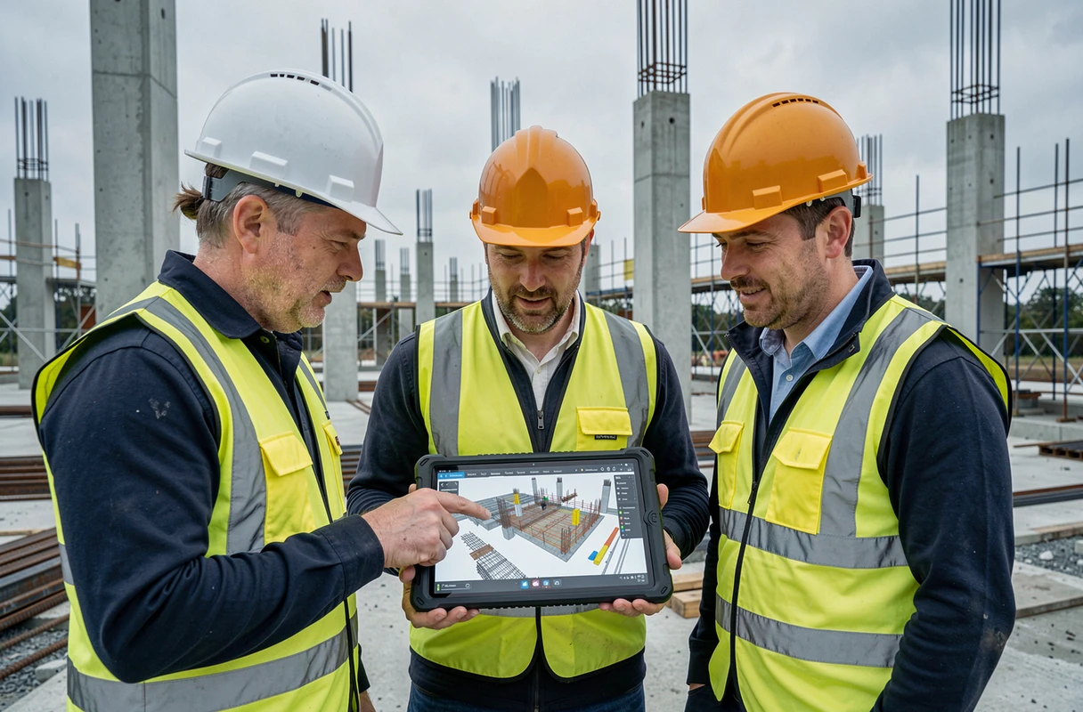 Équipe de professionnels du bâtiment consultant un modèle BIM sur tablette sur un chantier de construction