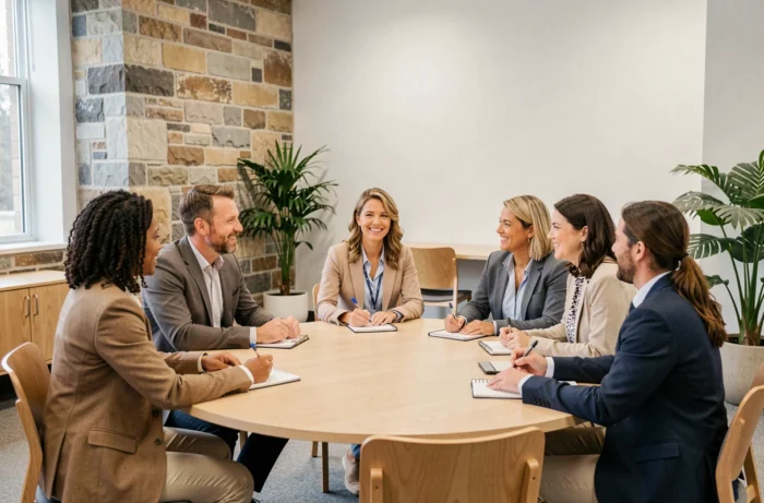 Équipe pluridisciplinaire de professionnels de santé et du social en réunion à l'OHS Flavigny en Lorraine