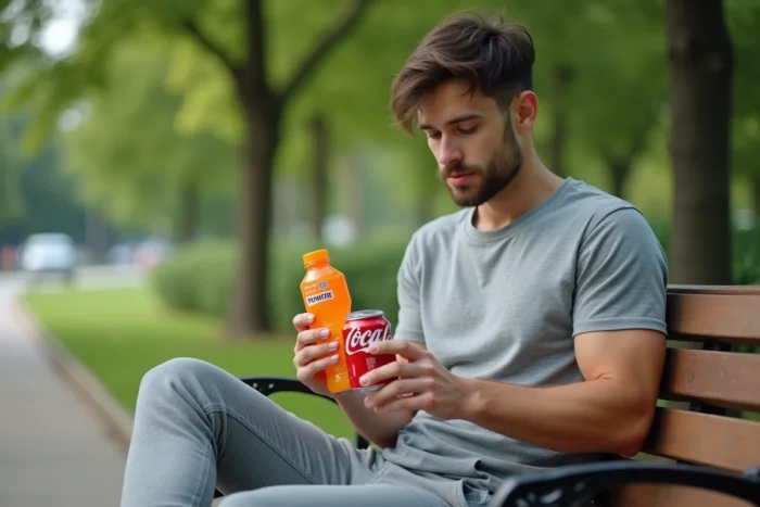 Jeune homme comparant les étiquettes nutritionnelles d'une bouteille de Powerade et d'une canette de Coca-Cola dans un parc