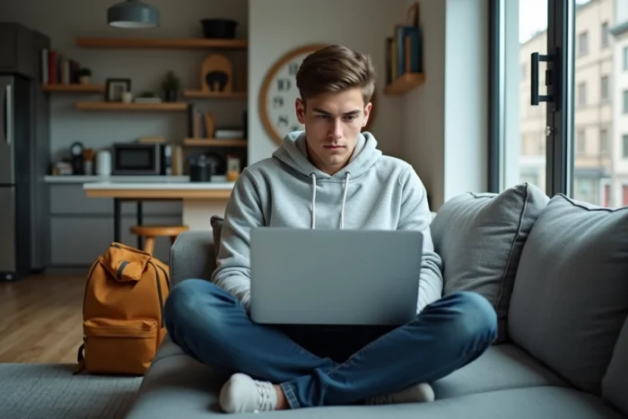 Étudiant accédant à son dossier web universitaire Assas depuis son appartement pour consulter ses notes