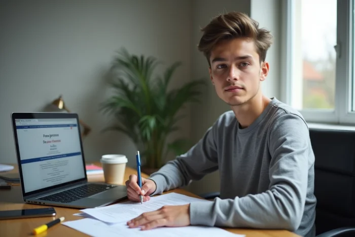 Jeune homme de la classe 2026 remplissant un dossier administratif pour la rentrée scolaire depuis son bureau à domicile