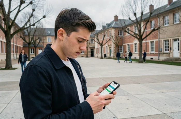 Étudiant vérifiant sur smartphone l'état du service Arena Académie Montpellier depuis le campus universitaire