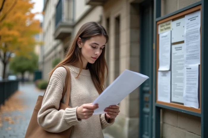 Jeune étudiante lisant une fiche d'information devant un tableau d'affichage universitaire à la rentrée 2026