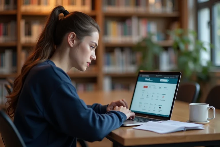 Étudiante consultant ses résultats d'examen en ligne sur un portail universitaire depuis la bibliothèque