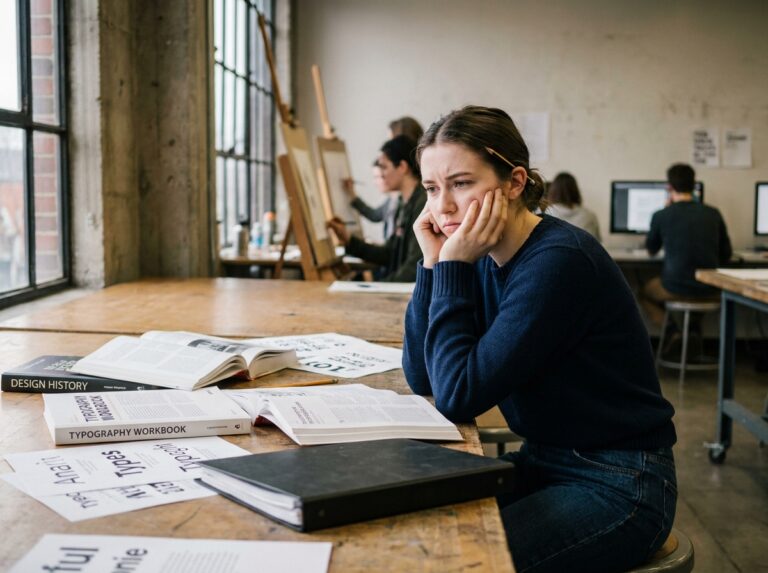 Étudiante en graphisme révisant ses cours de design dans une salle de studio universitaire entourée de portfolios et de manuels typographiques