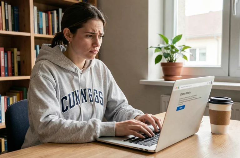 Étudiante vérifiant l'état du service Arena Académie Montpellier sur son ordinateur portable en cas de panne