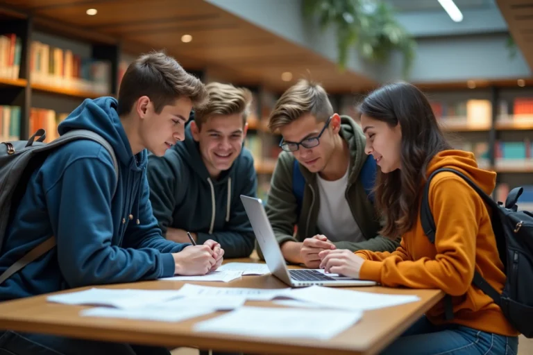 Groupe d'étudiants de la classe 2026 consultant des documents pour la rentrée dans une bibliothèque universitaire