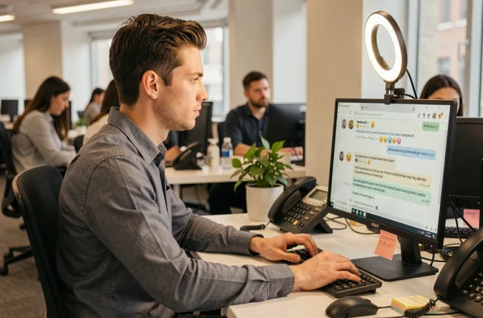 Un jeune homme compose avec sérieux un message interne rempli de hashtags et d'emojis sur son ordinateur, une petite ring light fixée à son écran, incarnant le faux community manager interne