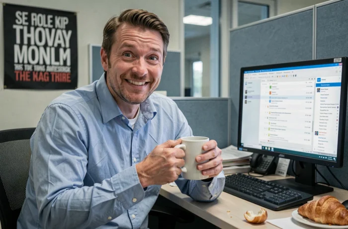 Un homme en début de trentaine affiche un sourire forcé exagéré devant son bureau un lundi matin, tenant sa tasse de café avec les deux mains, incarnant le faux enthousiaste du début de semaine