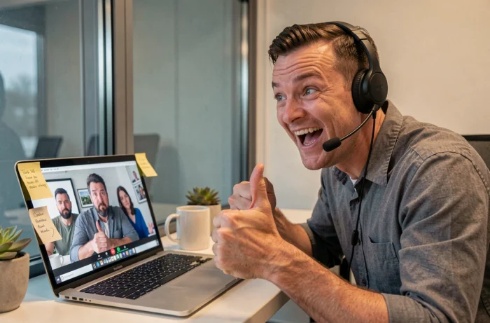 Un homme enthousiaste avec un casque donne un pouce levé théâtral pendant une conférence téléphonique sur son ordinateur portable, incarnant le faux motivateur de conf call
