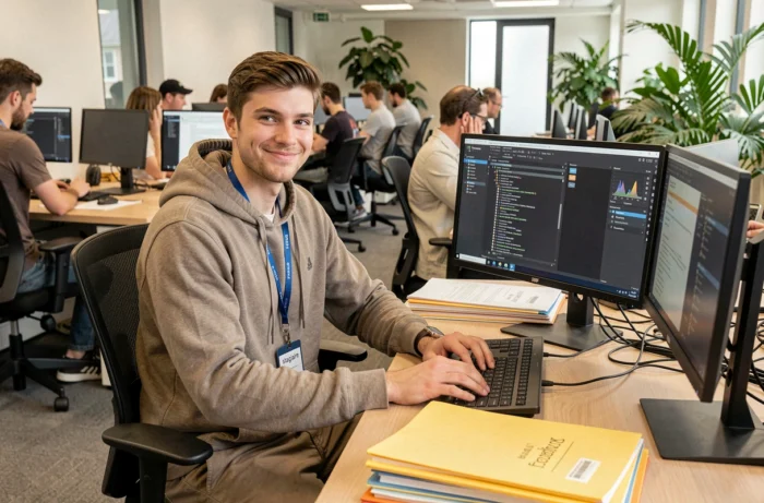 Un jeune homme souriant porte un badge 'stagiaire' tout en travaillant sur des logiciels avancés avec deux moniteurs, incarnant le faux stagiaire éternel dans un open space d'entreprise