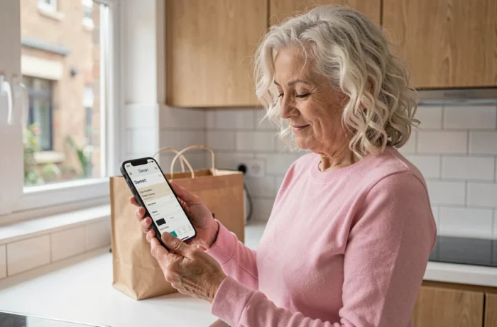 Femme âgée consultant la confirmation de commande Damart sur son smartphone dans une cuisine moderne