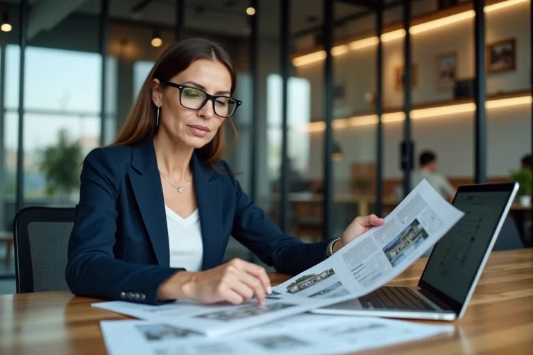 Femme professionnelle analysant des annonces immobilières dans une agence moderne pour trouver le bien idéal