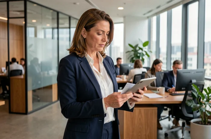 Femme cadre professionnelle en blazer marine consultant une tablette dans un bureau moderne en open space