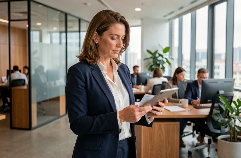 Femme cadre professionnelle en blazer marine consultant une tablette dans un bureau moderne en open space