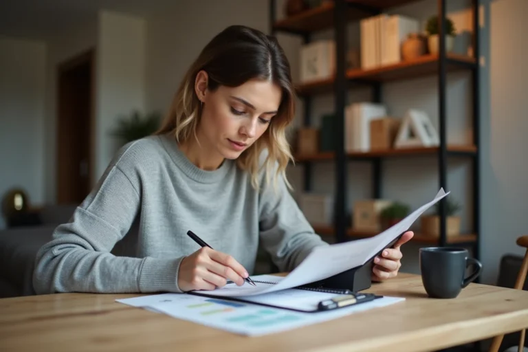 Femme calculant les mensualités d'un emprunt immobilier de 130 000 euros sur 25 ans à son bureau