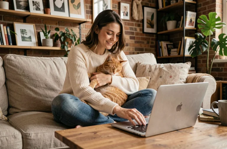 Jeune femme souriante tenant un chat roux sur ses genoux tout en consultant un site dédié aux chats sur son ordinateur portable, dans un salon cosy aux textures naturelles